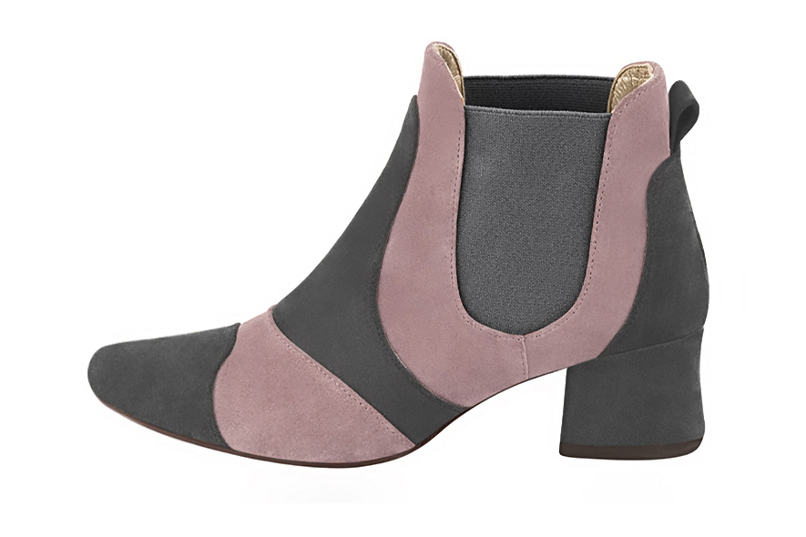 Women's charcoal gray and dusty rose two-tone chelsea boots with round toe and low flared heel - Profile view